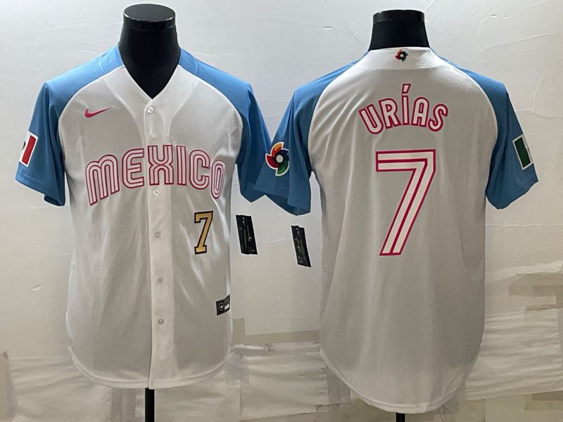 Men 2023 World Cub Mexico #7 Urias White blue Nike MLB Jersey6